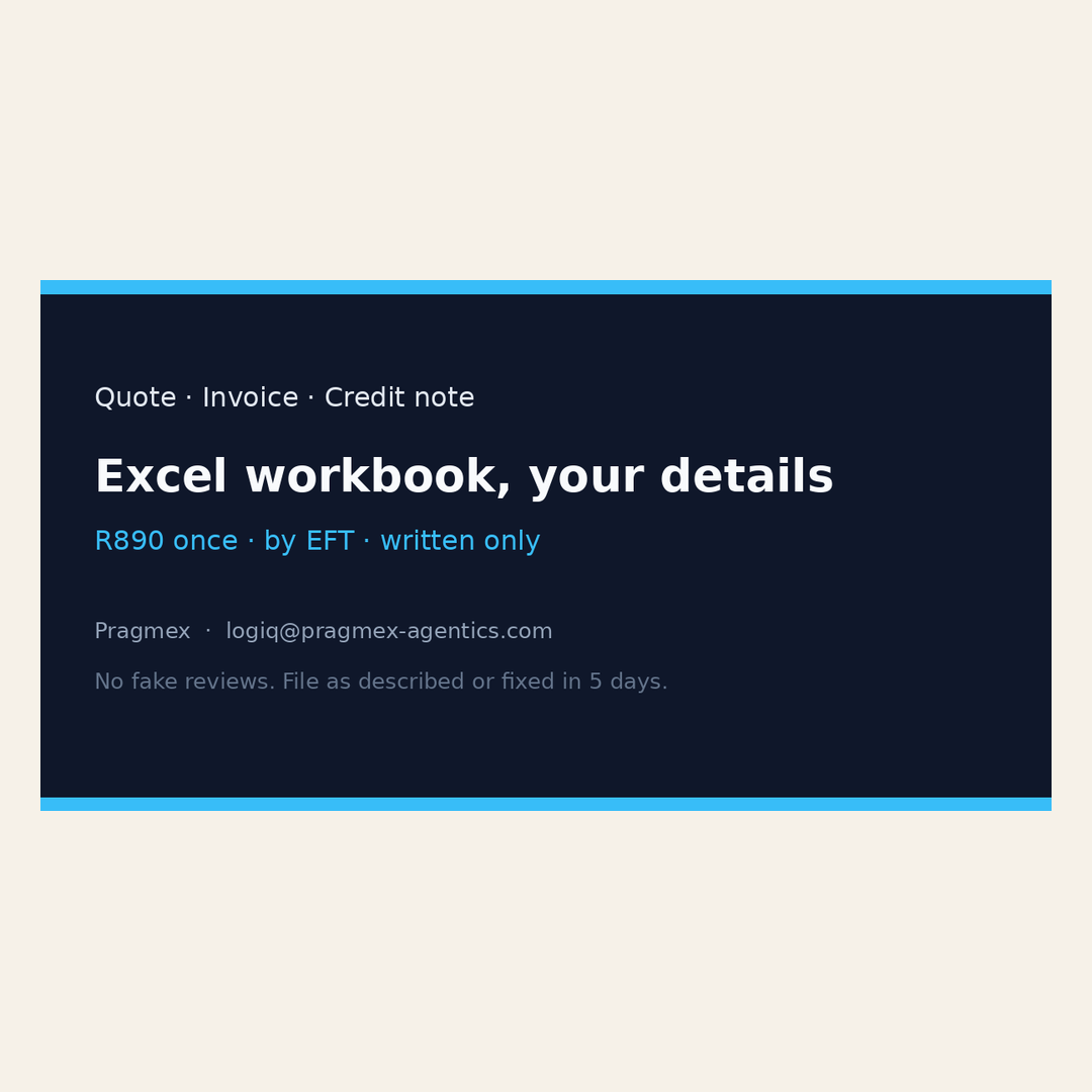 Quote and invoice sheet, your details, R890